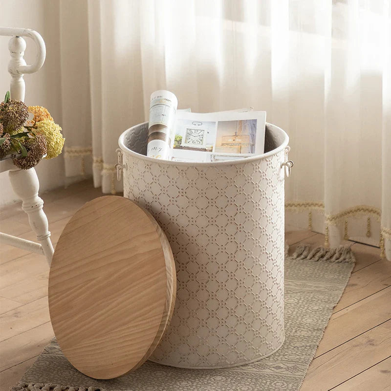 French Side Table Made of Iron with Storage Bin Space-Saving Design