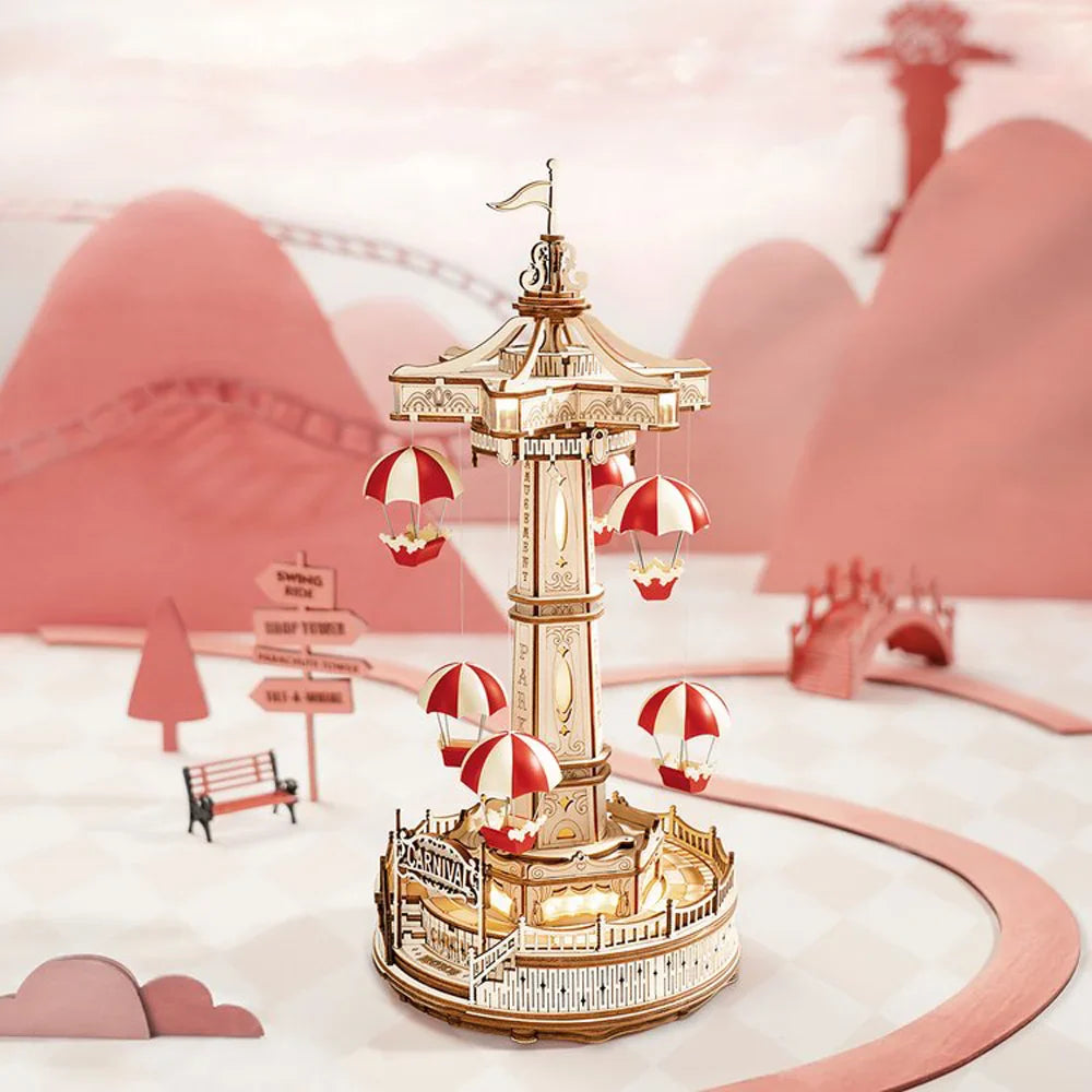 ROKR Parachute Tower Music Box | 3D Wooden Puzzle with Movement & Light | DIY Kit 184 Pieces | Magical Carnival for Kids & Adults