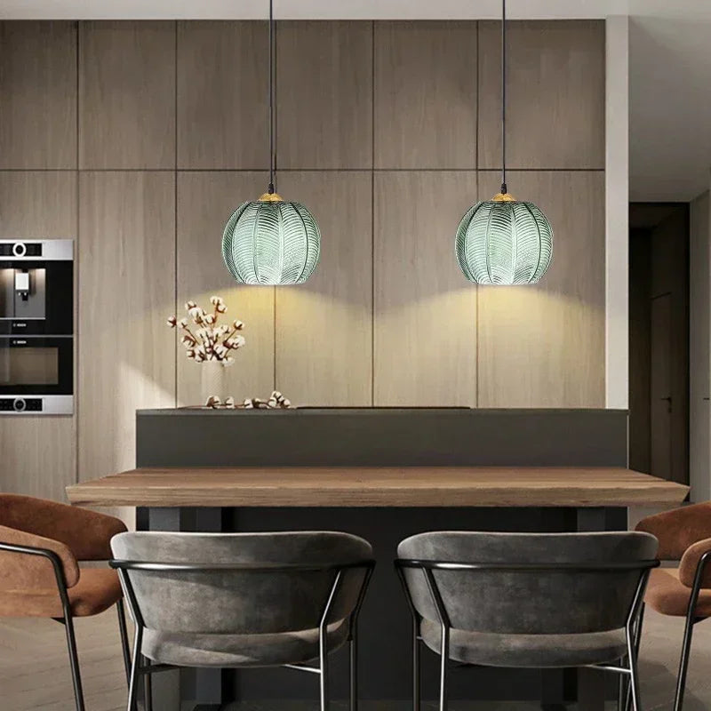 Scandinavian Glass Pendant Lamp with Green Leaf Pattern