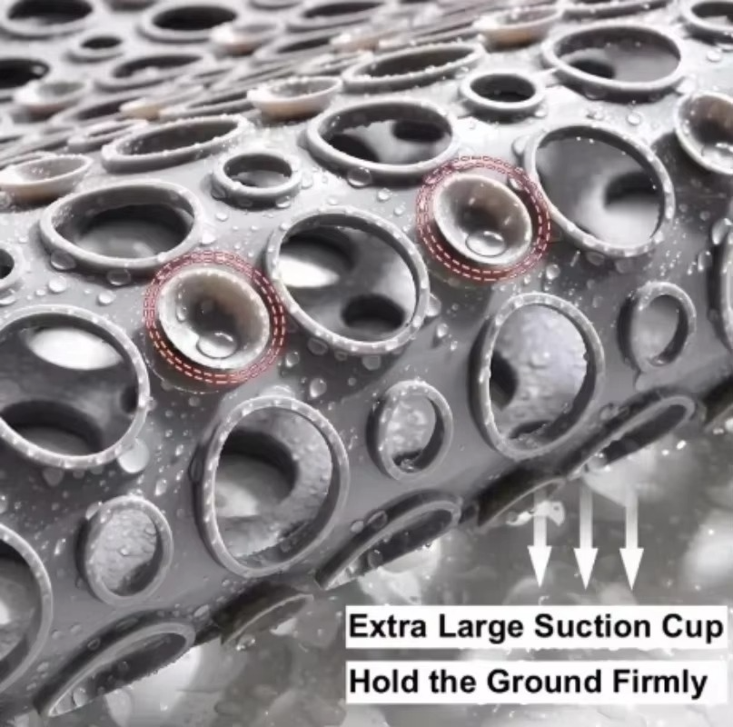 Square Non-Slip Shower Mat with Suction Cups and Quick-Drain Round Hole Design