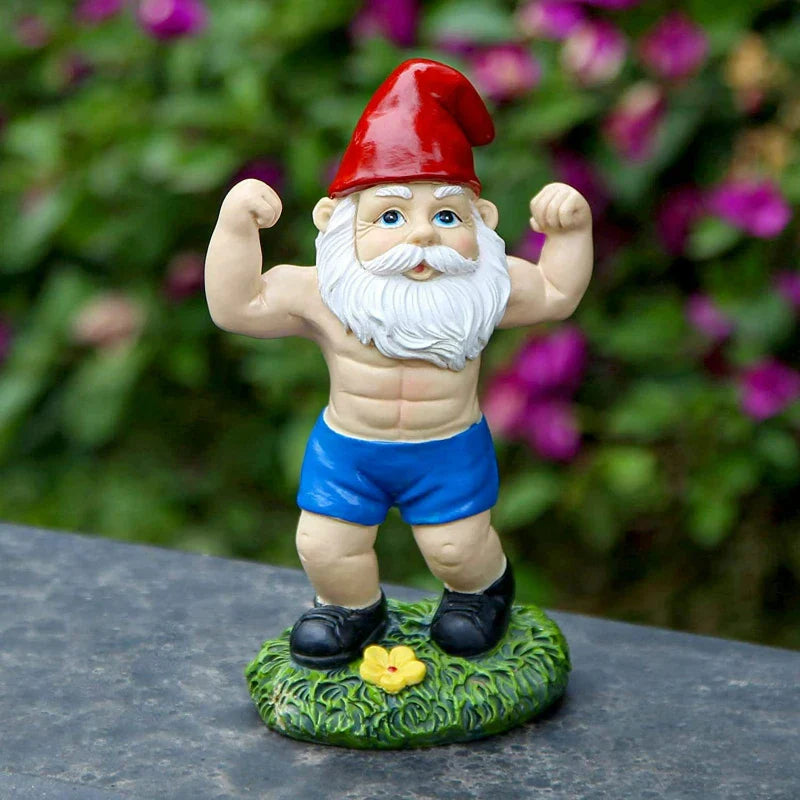 Funny Gnome Figurine made of Resin as Weightlifter for Garden Decoration