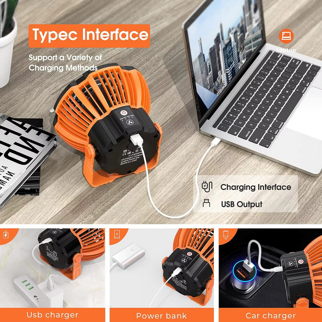 Rechargeable Camping Fan with LED Light, Remote Control and Hanging Hook