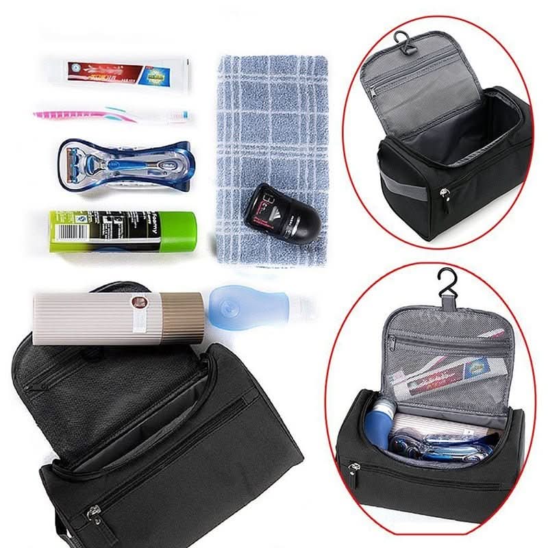 Compact toiletry bag with hook & water-repellent design