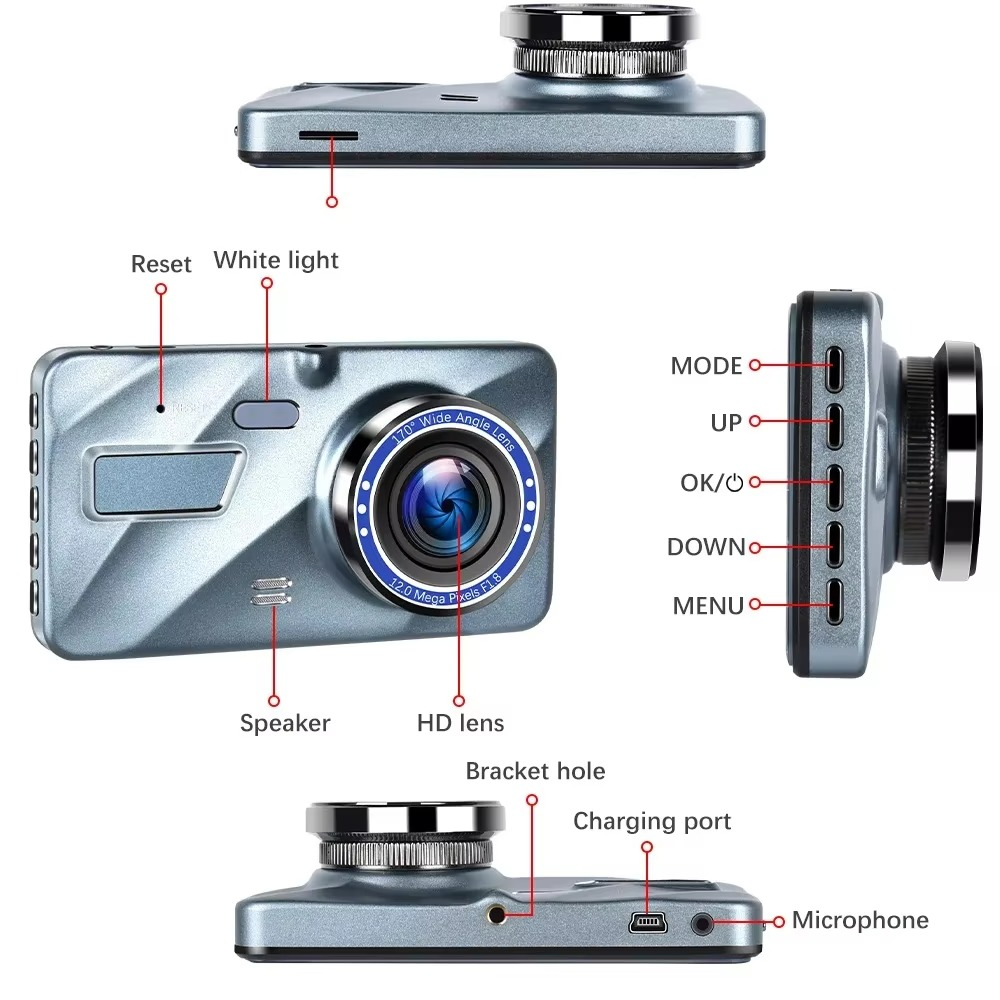 4" Dual Lens Dash Cam with Full HD 1080P, Night Vision, Front and Rear View, Loop Recording, Aluminum Alloy Black Box