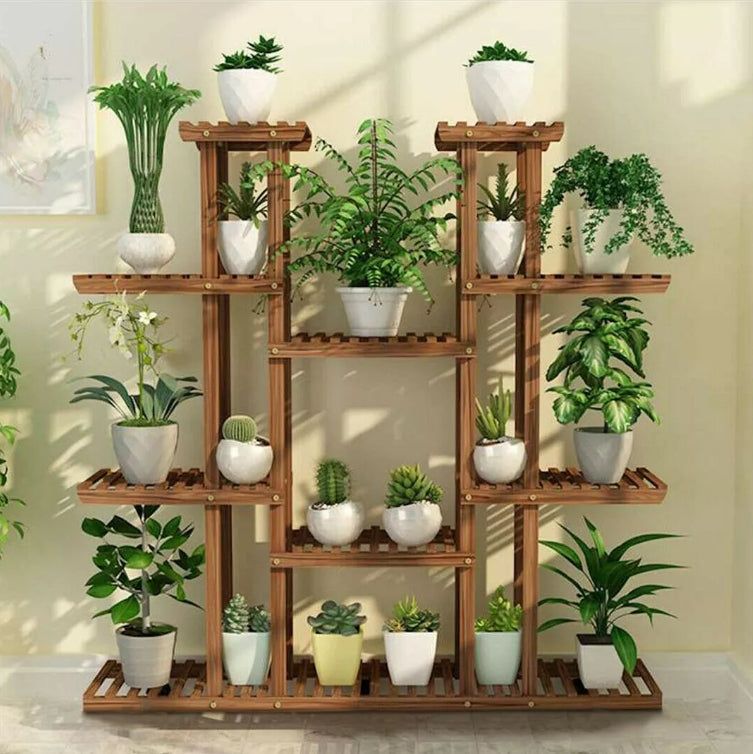 Large 11-tier Wooden Plant Shelf | Carbonized, Wide Flower Stand for Indoor & Outdoor