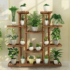 Large 11-tier Wooden Plant Shelf | Carbonized, Wide Flower Stand for Indoor & Outdoor
