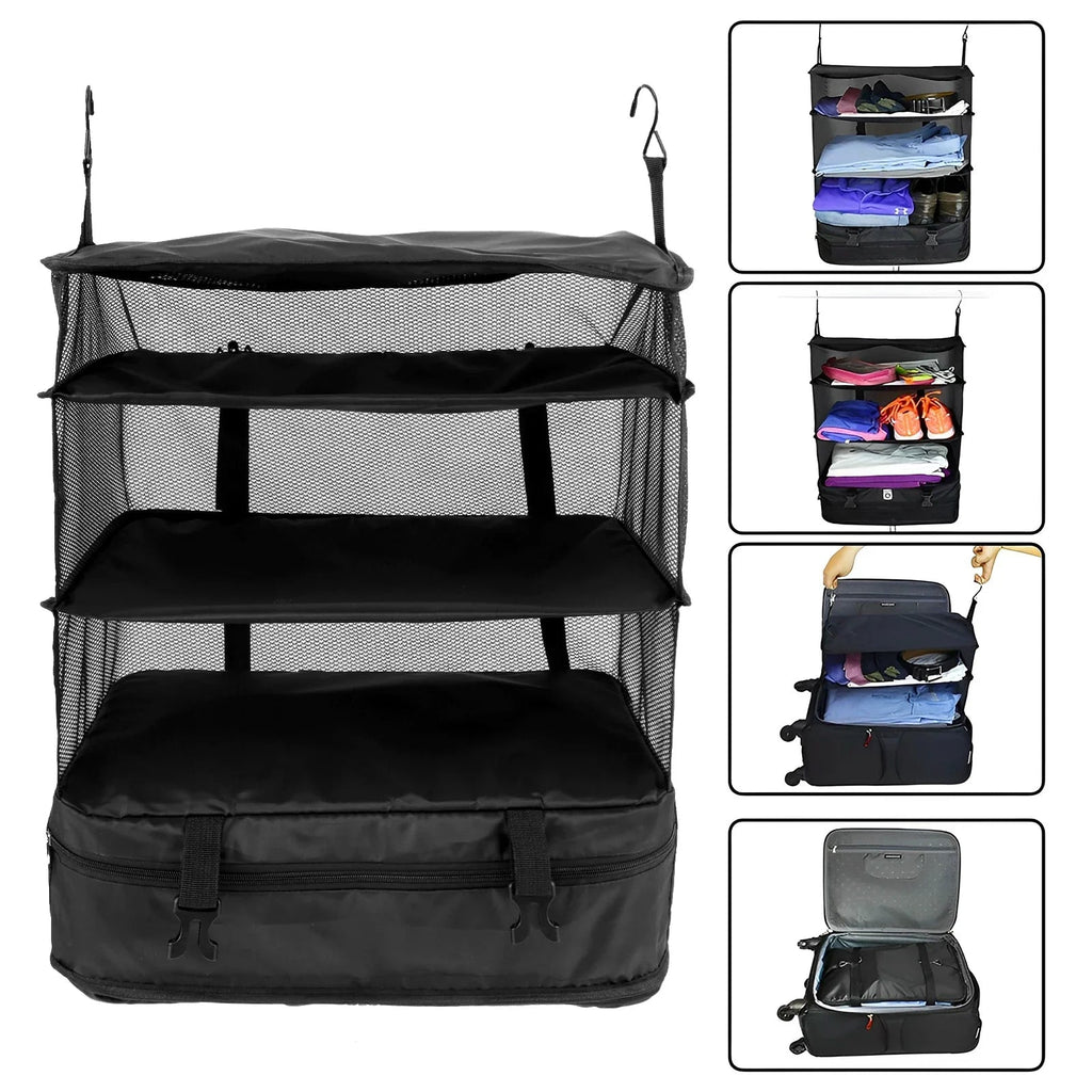 Packelier Suitcase Organizer | Hanging Shelf for Travel | 3 Compartments | Foldable & Water-Resistant | Black