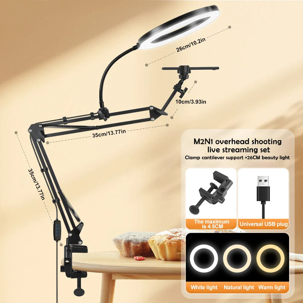 LumiFlex LED ring light with flexible arm & phone holder | 3 light colors & USB connection | Perfect for livestream, video & selfie