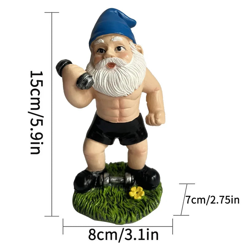 Funny Gnome Figurine made of Resin as Weightlifter for Garden Decoration
