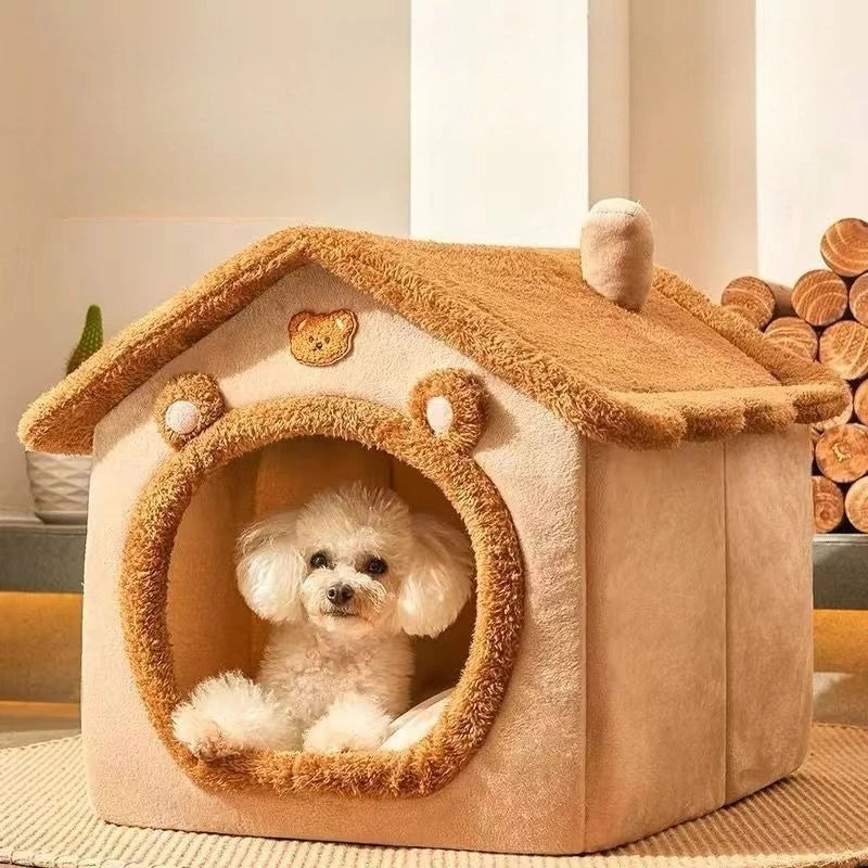Plush Pet House with Roof & Anti-Slip Bottom