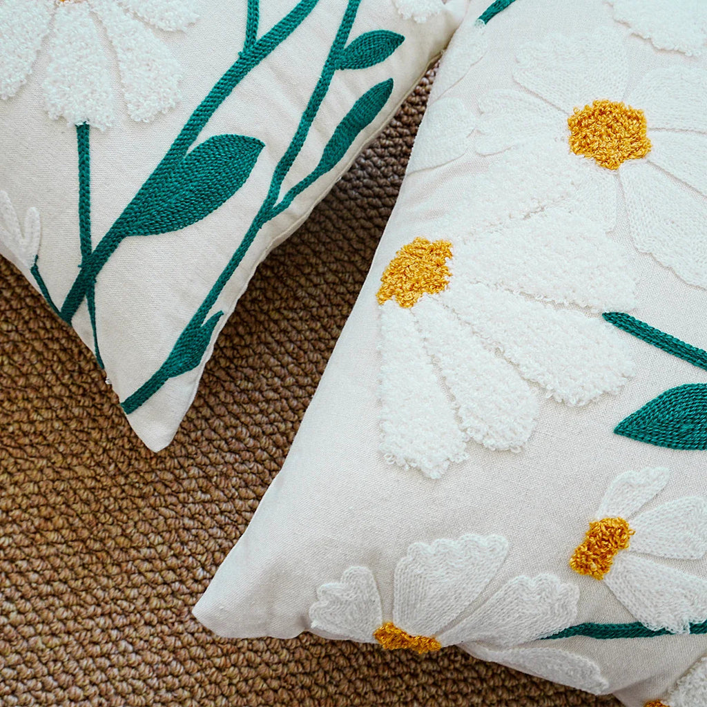Cushion with Embroidered Daisies for Sofa and Living Room Without Filling
