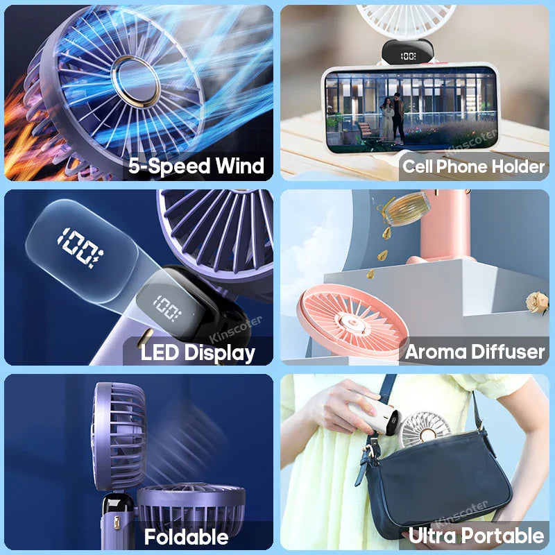 AERIONIQ 3-in-1 Mini-Fan | LED Display | 5 Levels | Battery with Power Bank Function | Portable & Standable