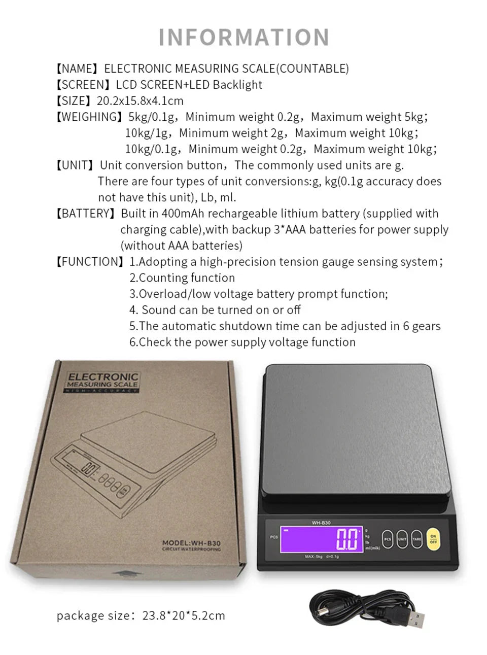 5 kg/0.1 g and 10 kg/1 g digital electronic kitchen scale, LCD display, fully waterproof stainless steel weighing tool for baking