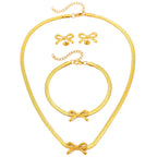 Feminine Bow Herringbone Chain Necklace, Bracelet, and Earring Set