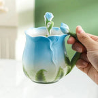 3D Rose Flower Coffee Mug Ceramic Coffee Mugs Cute Aesthetic Water Cups with Spoon Summer Winter Drinking Utensils Valentine's Day Gifts