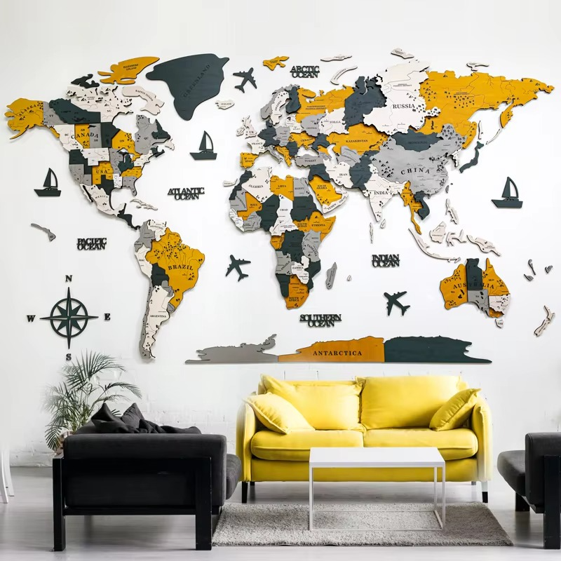 3D Solid Wood World Map Wall Art - Nordic-Style Home Decor