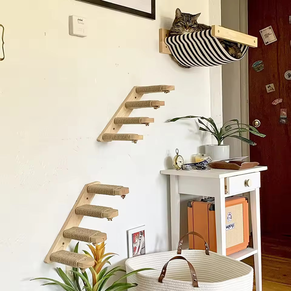 Cat climbing ladder for wall mounting made of wood with sisal