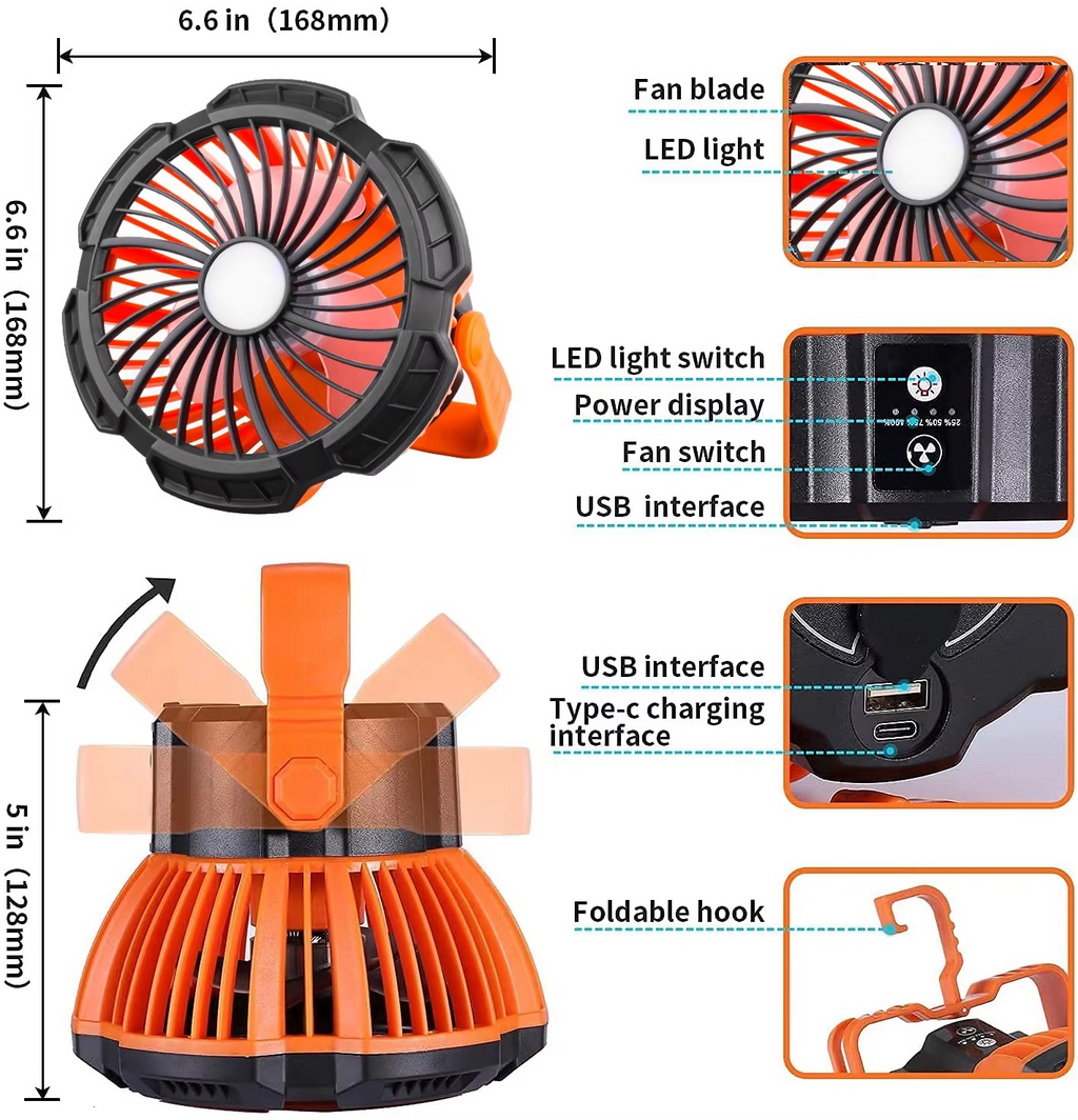 Rechargeable Camping Fan with LED Light, Remote Control and Hanging Hook