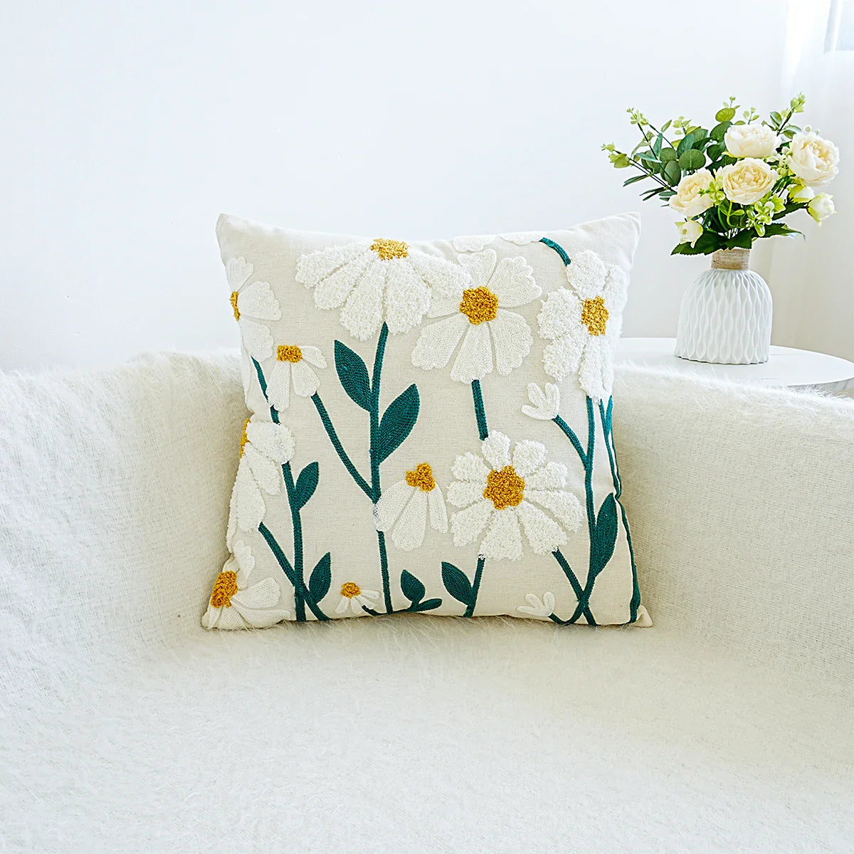 Cushion with Embroidered Daisies for Sofa and Living Room Without Filling