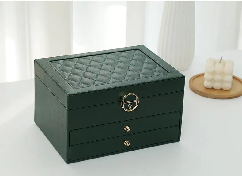 Lockable Leather Jewelry Box with Multi-Layer Storage