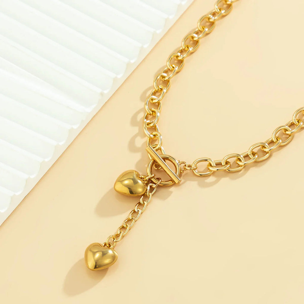 Bold Chunky Chain Link Dual Heart Lariat Necklace & Bracelet