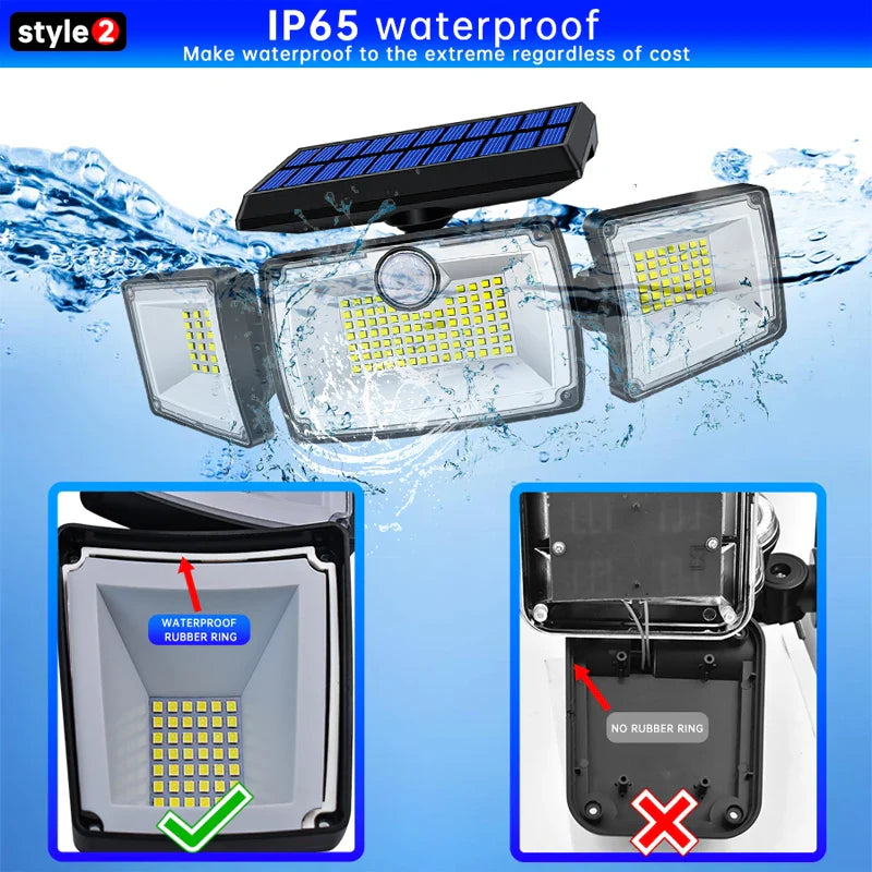 SecuSolar MaxView 167 Solar Security Spotlight 167 LEDs | 3 Adjustable Heads | Motion Sensor & 3 Light Modes | IP65 Waterproof | 2200 Lumens