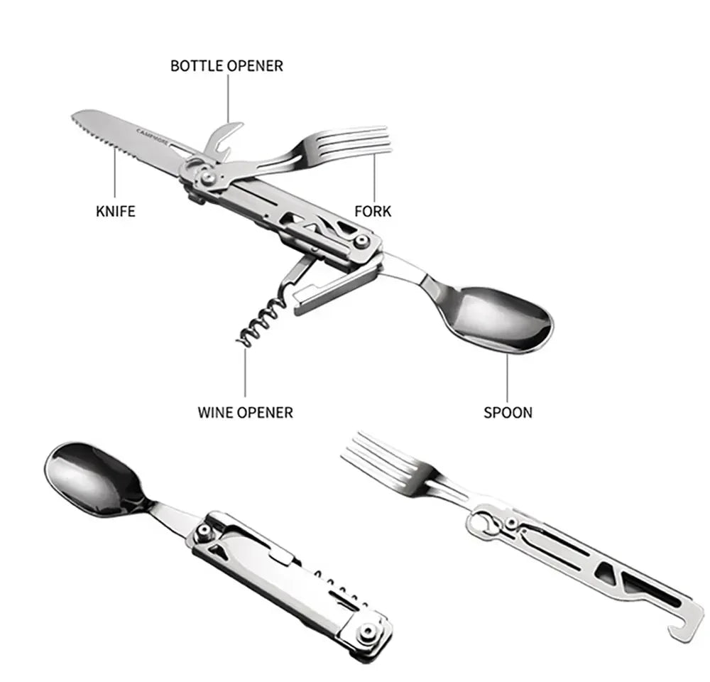 GearSpork Outdoor cutlery 6-in-1 | Foldable multifunctional cutlery made of stainless steel | Knife, fork, spoon, can opener & bottle opener | For camping & trekking