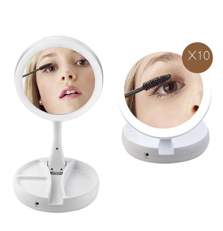 Glamora Travel Mirror LED | Double-Sided & 10x Magnification | Foldable & Portable | With Accessory Compartment