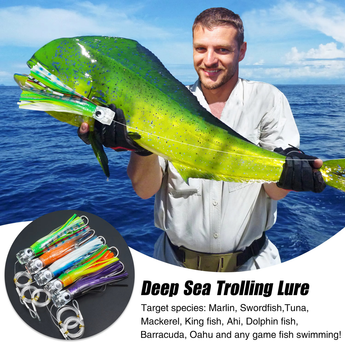 5pcs Rigged Trolling Skirt Tuna Lures for Mahi, Marlin, Shark, and Wahoo – Big Game Saltwater Fishing Lures