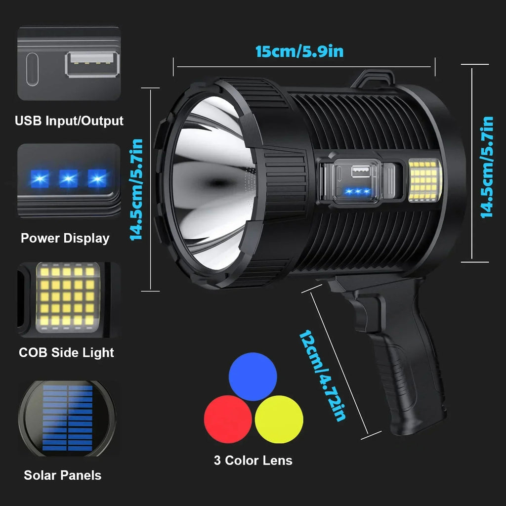 Spotlight LuminexPro 900K | 900,000 Lumens | 10,000 mAh Battery | Solar & USB Charging Function | IPX5 Waterproof