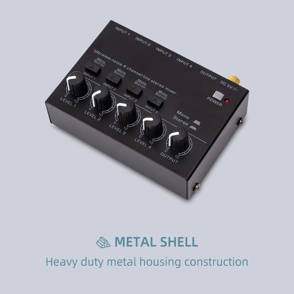 Ultra-Compact 4-Channel Low Noise Audio Mixer with Stereo RCA Output