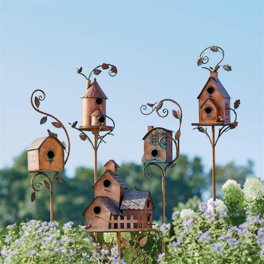 Metal art birdhouse garden stake - Talart