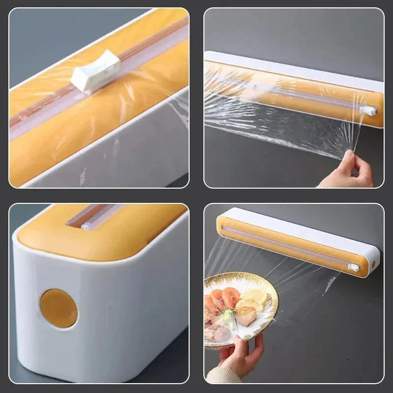 Film dispenser with knife for easy cutting of food and aluminum foil