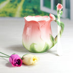 3D Rose Flower Coffee Mug Ceramic Coffee Mugs Cute Aesthetic Water Cups with Spoon Summer Winter Drinking Utensils Valentine's Day Gifts