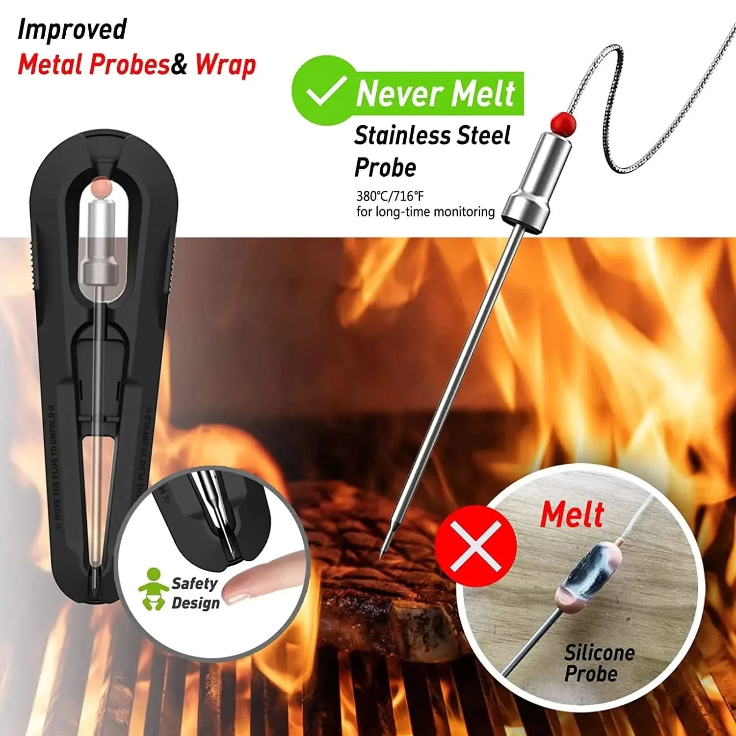 Cordless meat thermometer for BBQ & grill