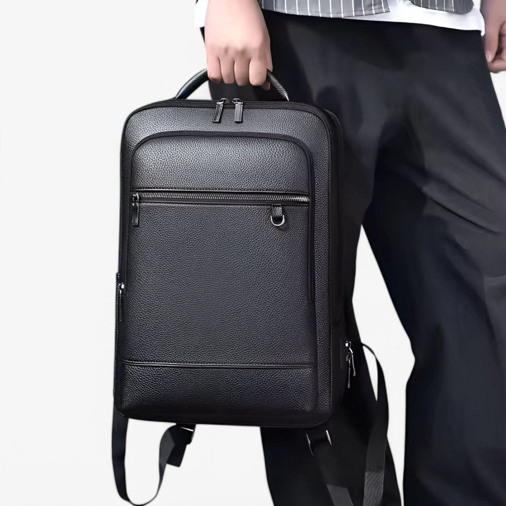 Elegant leather rucksack for men/women with USB port for laptop and everyday use, 15.6 inch, black