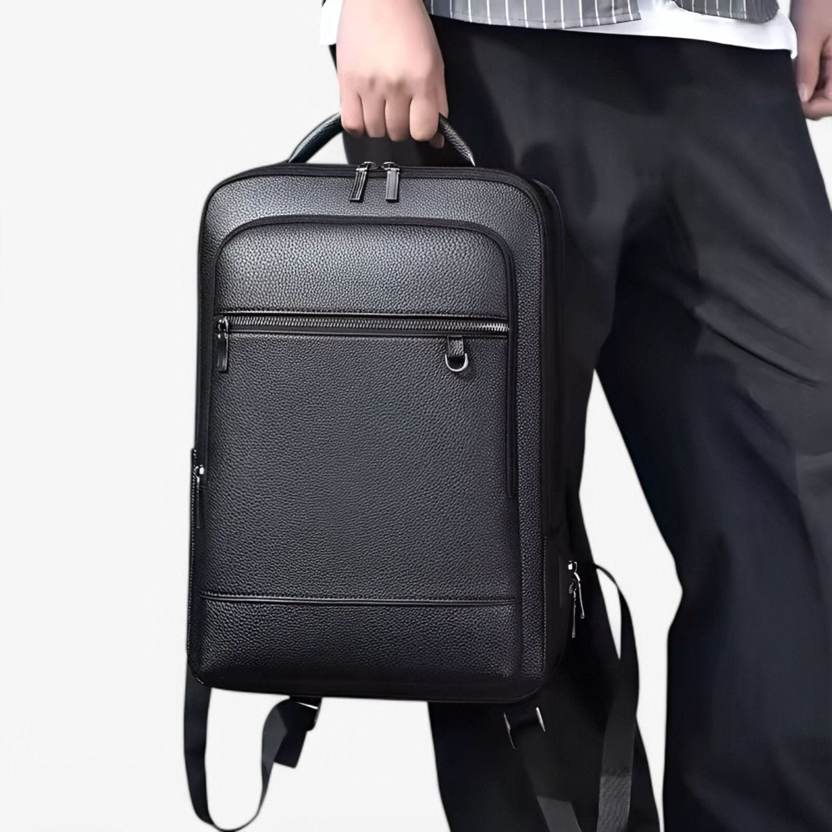 Elegant leather rucksack for men/women with USB port for laptop and everyday use, 15.6 inch, black