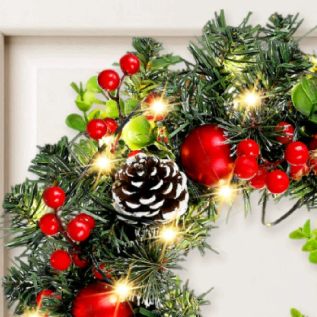 Lunoria Christmas Wreath | LED Lighting | Elegant Red Berries & Ribbon