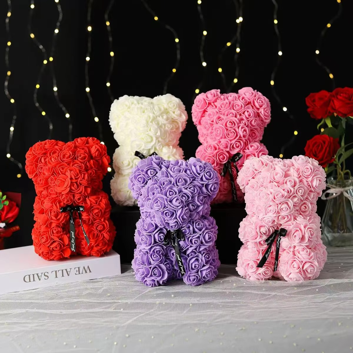 9.8in Artificial Rose Teddy Bear Gift with Display Box - Romantic Anniversary or Valentine's Day Decor