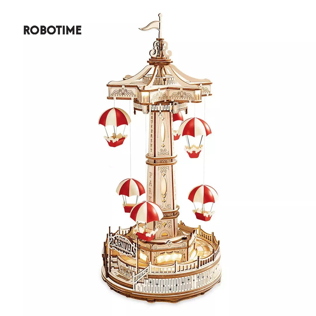 ROKR Parachute Tower Music Box | 3D Wooden Puzzle with Movement & Light | DIY Kit 184 Pieces | Magical Carnival for Kids & Adults