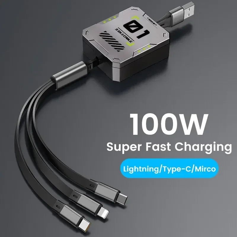 TriConnect charging cable | 3-in-1 & retractable | 100W fast charging | for iPhone & Android