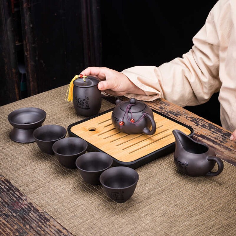 9-piece Set Teawere Retro Designer Cool Purple Sand Ceramic Teapot Set Travel Kong Fu Tea Set Porcelain Purple Sand Pot Tea Strainer