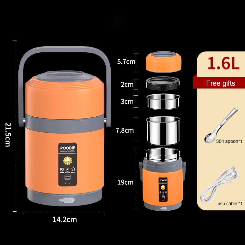 USB-Heated Stainless Steel Lunch Box, 1.6–2 L
