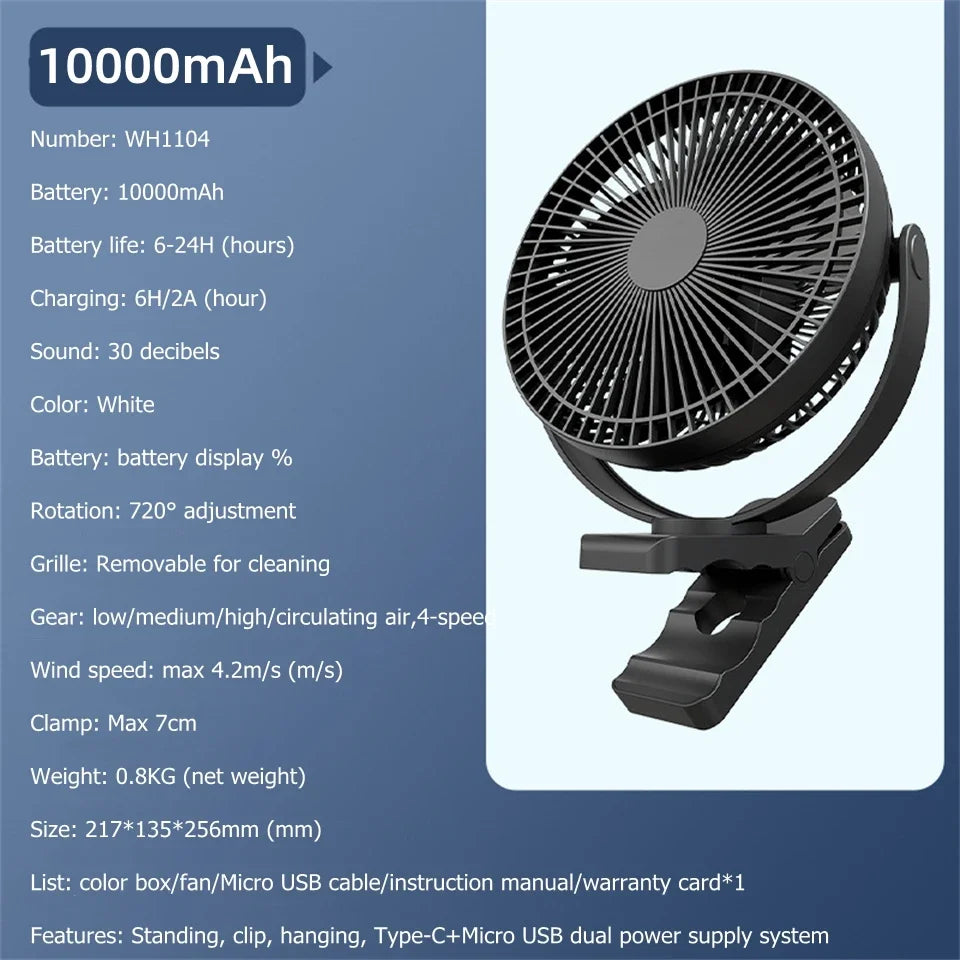 AerisClip Battery Fan | 360° Rotation | 10000mAh | With Clip & USB-C