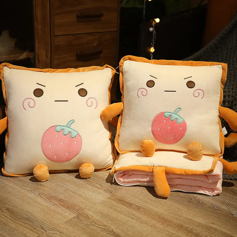 Playful Cartoon Toast Foldable Travel Pillow Blanket