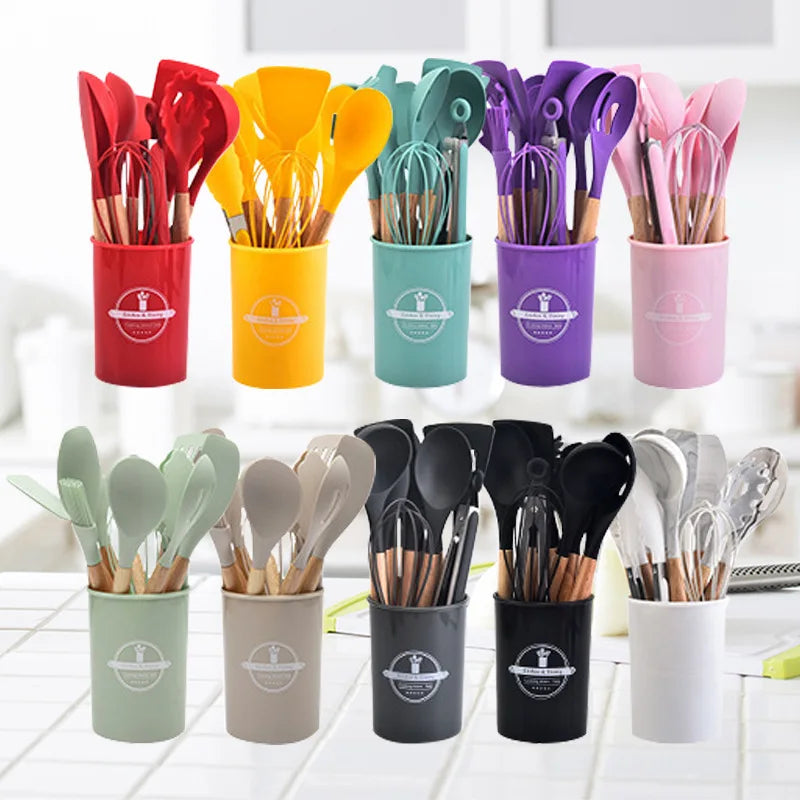 Culinora Silicone Kitchen Utensils Set | Heat Resistant up to 230 °C | 12-piece with Wooden Handles | Whisk, Spatula, Tongs & more