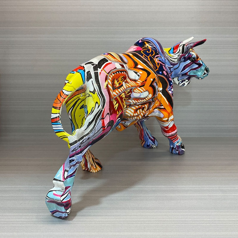 Graffiti-Painting Resin Bull Figures Home Living Room Bedroom Office Desktop Feng Shui Ornaments Collection Statues