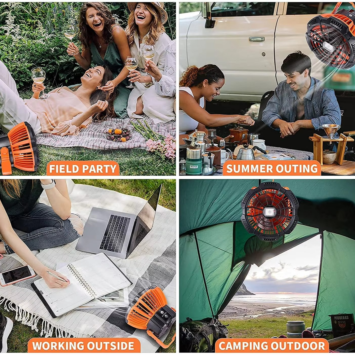 Rechargeable Camping Fan with LED Light, Remote Control and Hanging Hook