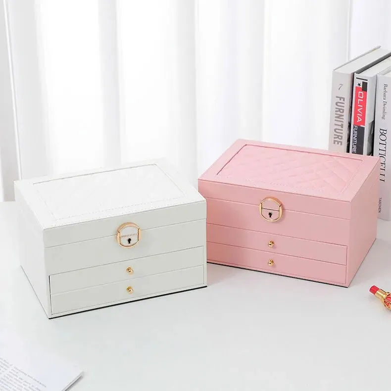 Lockable Leather Jewelry Box with Multi-Layer Storage