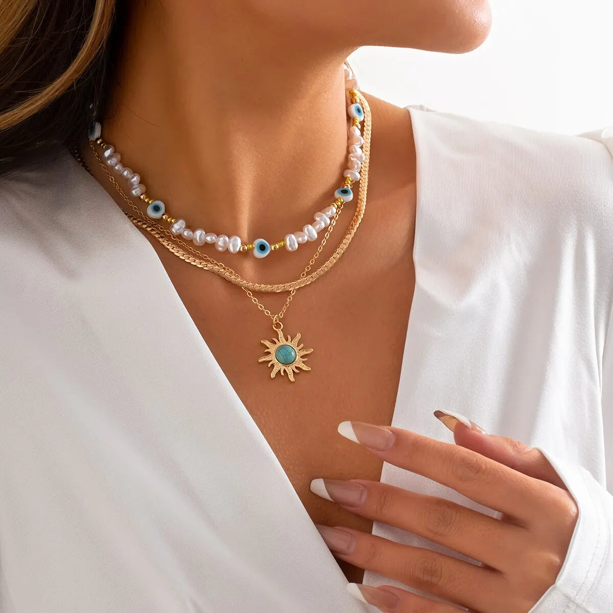 EthnoCharm Necklace Set – Sunflower & Evil Eye Accessories